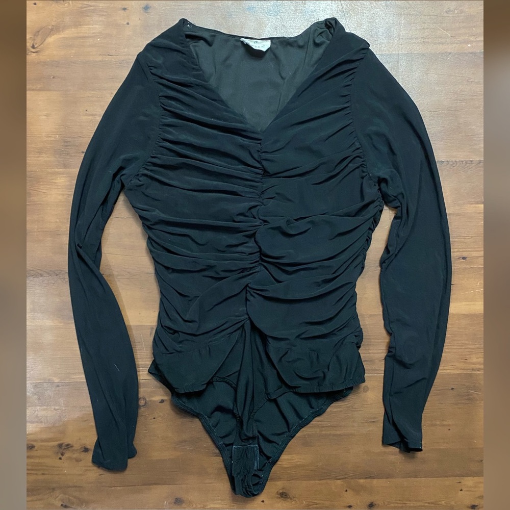 Black mesh sleeve ruched bodysuit by ember